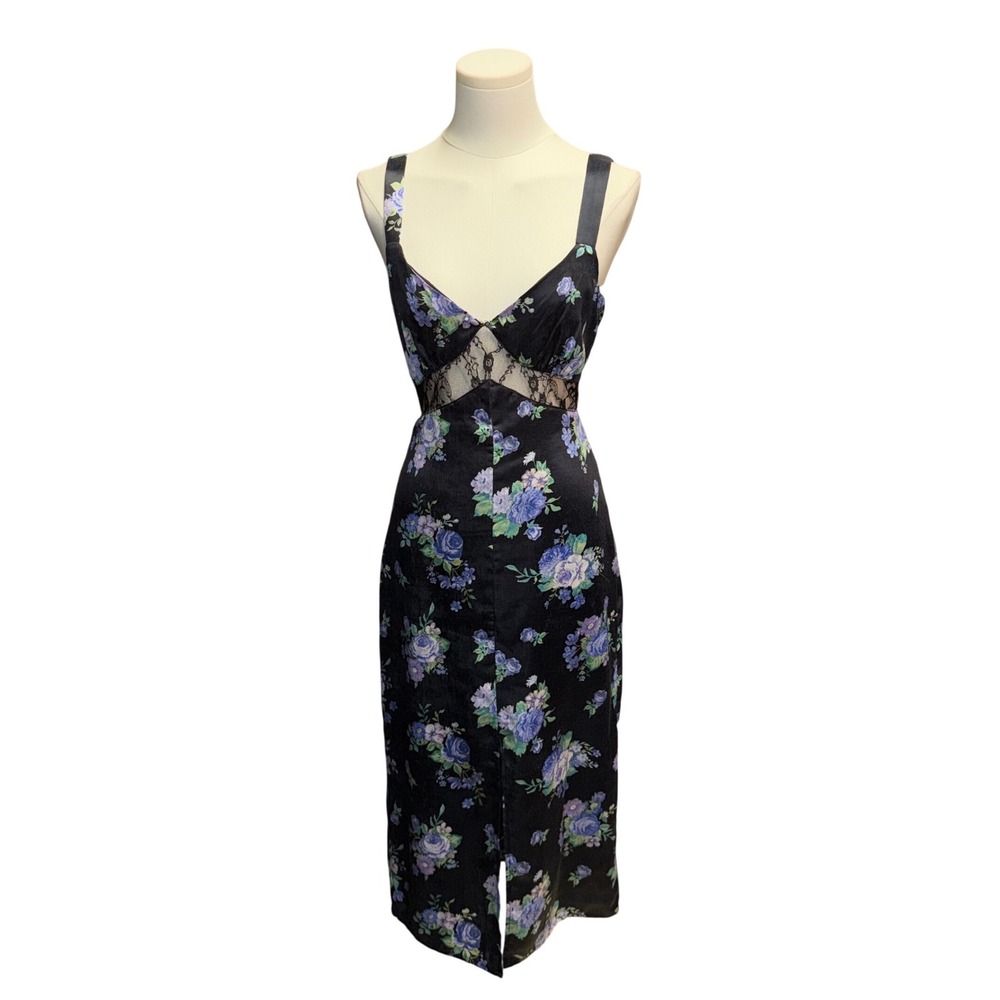 WeWoreWhat Blue Floral Black Midi Dress XS Sheer Lace Waist Cutout Whimsigoth